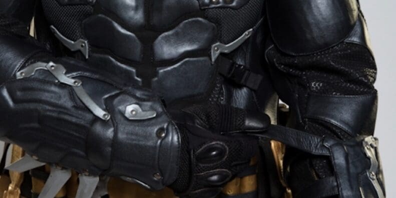 A close-up of the BATMAN™: Arkham Knight Leather Motorcycle Suit from UD Replicas