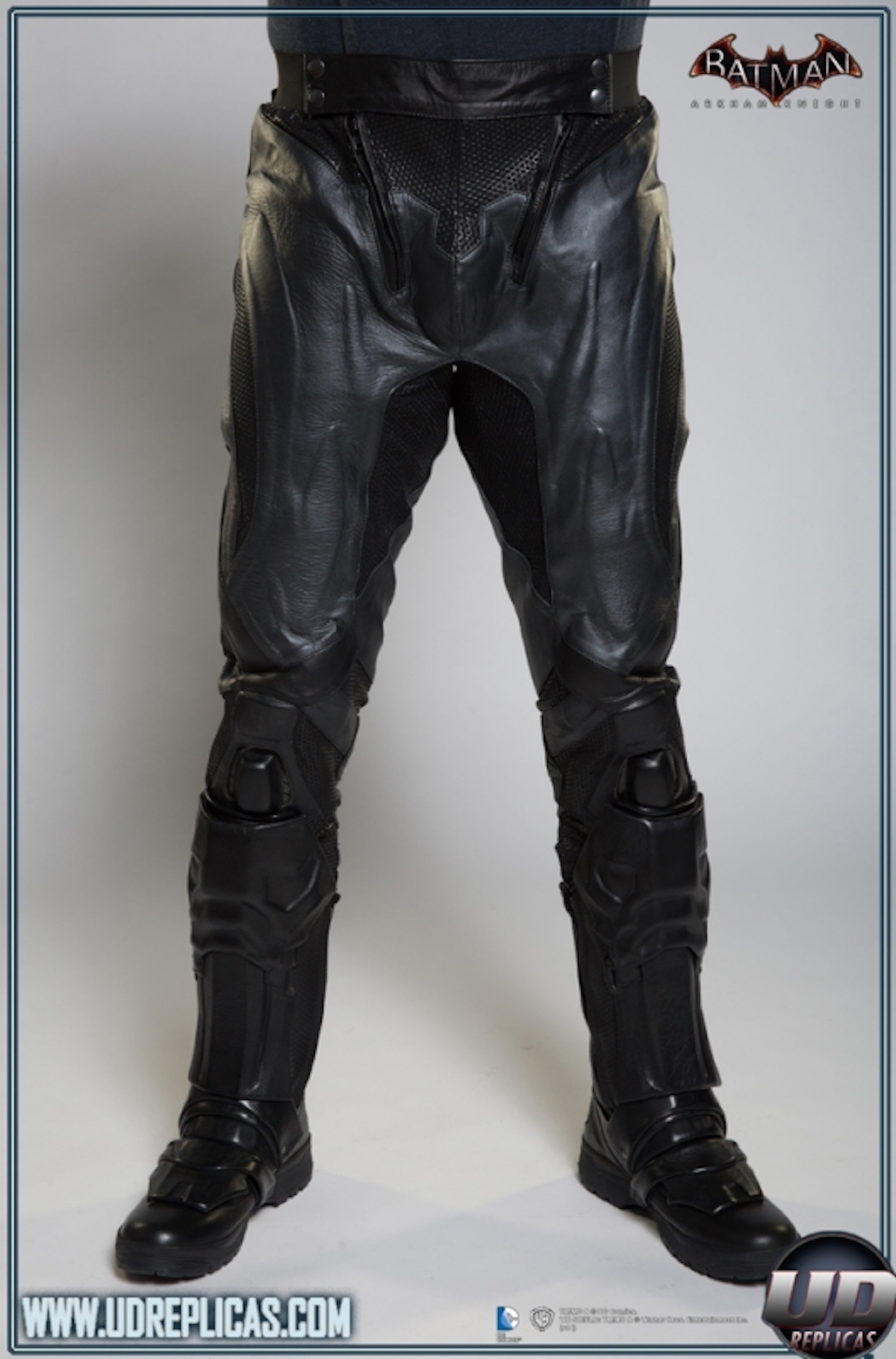 A close-up of the pants on the BATMAN™: Arkham Knight Leather Motorcycle Suit from UD Replicas