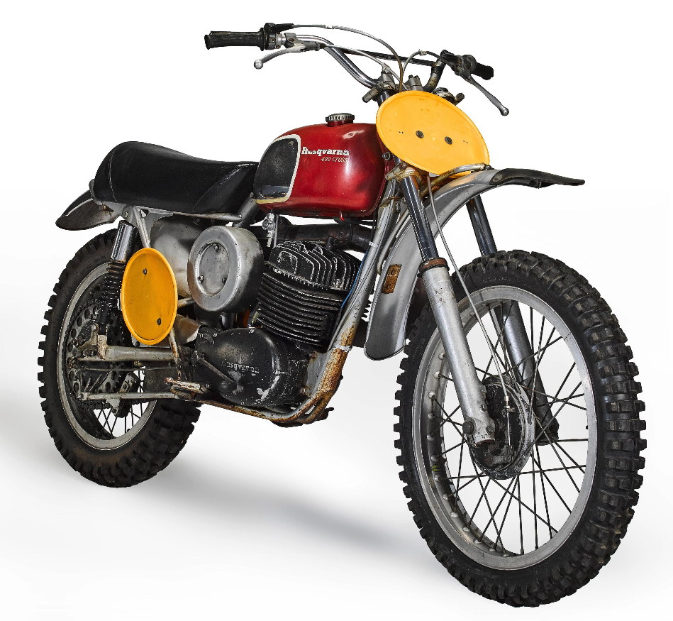 A side view of the iconic 1971 Husqvarna 400 Cross, used by Steve McQueen in the movie hit, "On Any Sunday"