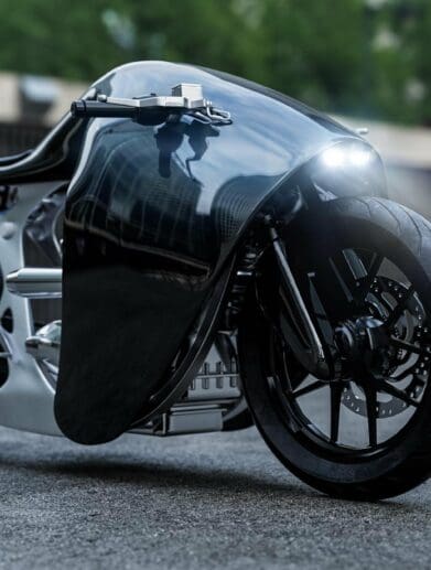 A frontal-quarter view of the 'SuperMarine' - a new project from the custom shop of Bandit9 Motorcycles in Vietnam