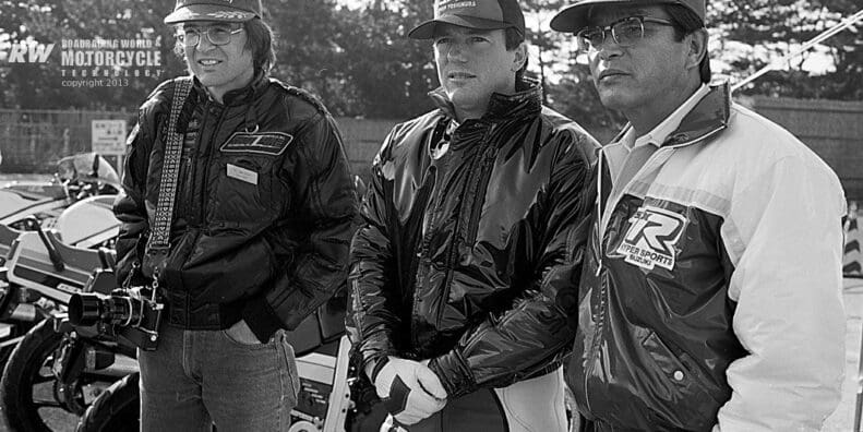 Etsuo Yokouchi (right) with racer Graeme Crosby (center) and John Ulrich (left) at the introduction of the 1985 GSX-R750 at the Ryuyo test track in Japan. Photo by Masao Suzuki, curated from RoadRacingWorld