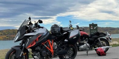 2016 KTM Superduke GT parked next to 2015 Triumph Bonneville T100