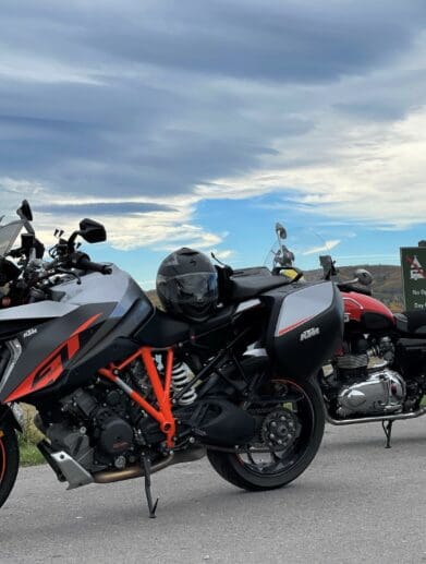 2016 KTM Superduke GT parked next to 2015 Triumph Bonneville T100