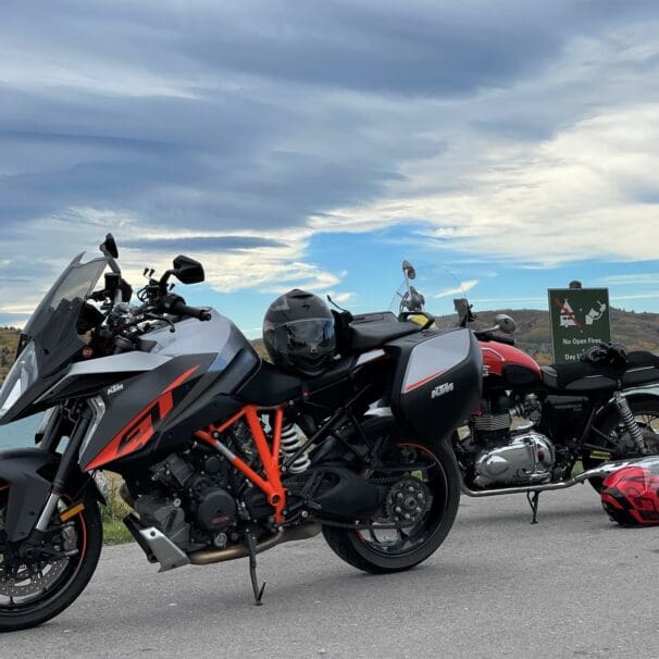 2016 KTM Superduke GT parked next to 2015 Triumph Bonneville T100