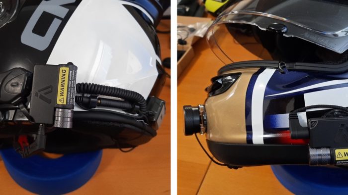 iASUS EAR3 V2 Portable Helmet Amp on two different helmets