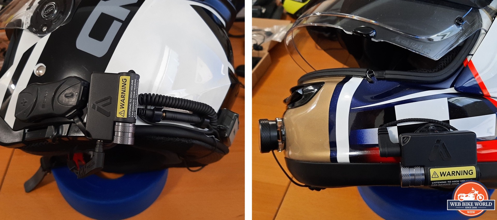 iASUS EAR3 V2 Portable Helmet Amp on two different helmets