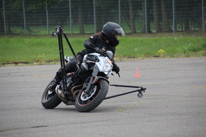 A view of a beginner rider learning how to lean