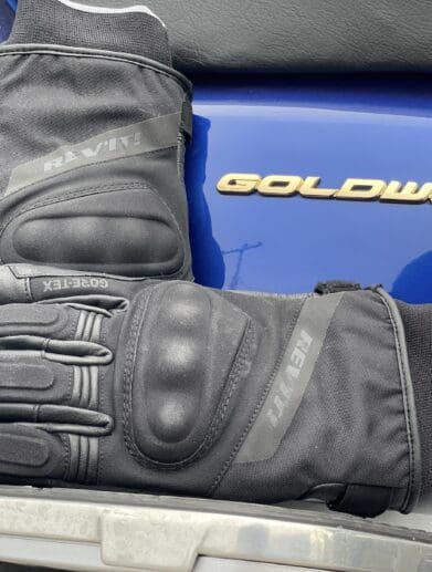 A view of the Rev'it Kryptonite 2 GTX Gloves against a 2001 Honda Goldwing