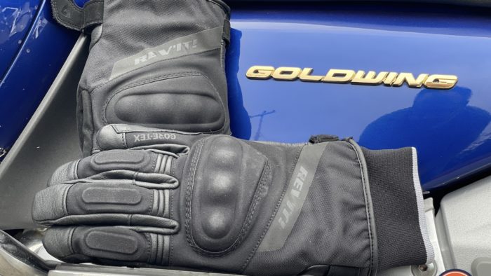 A view of the Rev'it Kryptonite 2 GTX Gloves against a 2001 Honda Goldwing
