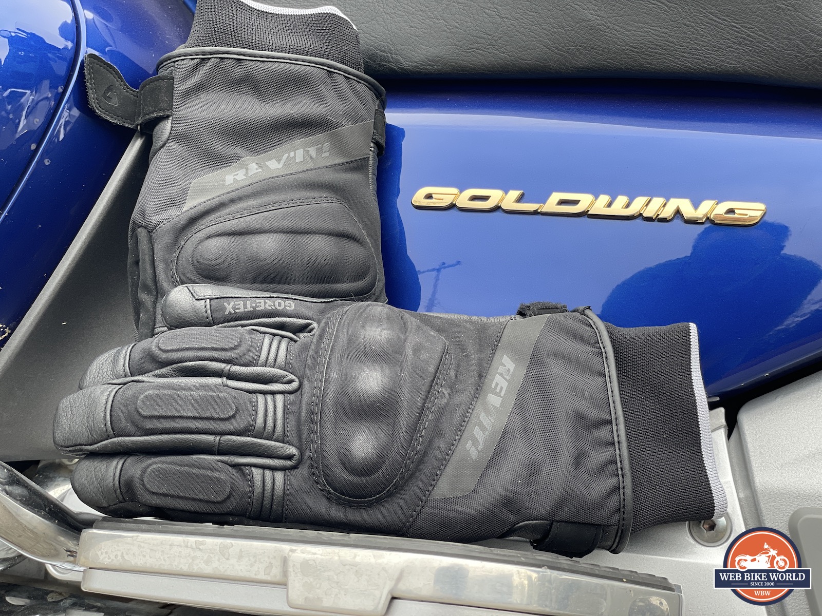 A view of the Rev'it Kryptonite 2 GTX Gloves against a 2001 Honda Goldwing
