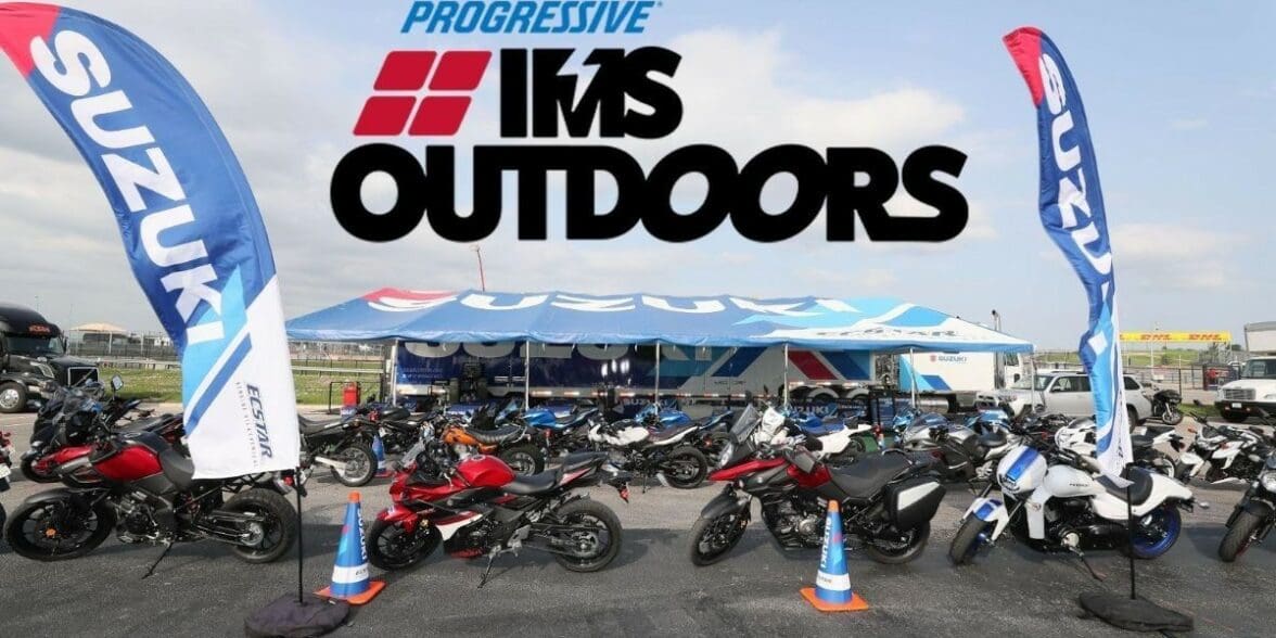 A poster hero fo the Progressive IMS Outdoors tours, including Suzuki demo rides