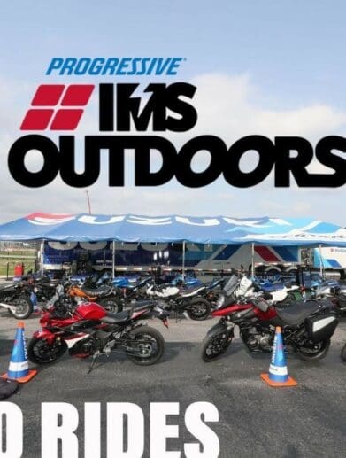 A poster hero fo the Progressive IMS Outdoors tours, including Suzuki demo rides