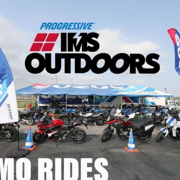 A poster hero fo the Progressive IMS Outdoors tours, including Suzuki demo rides