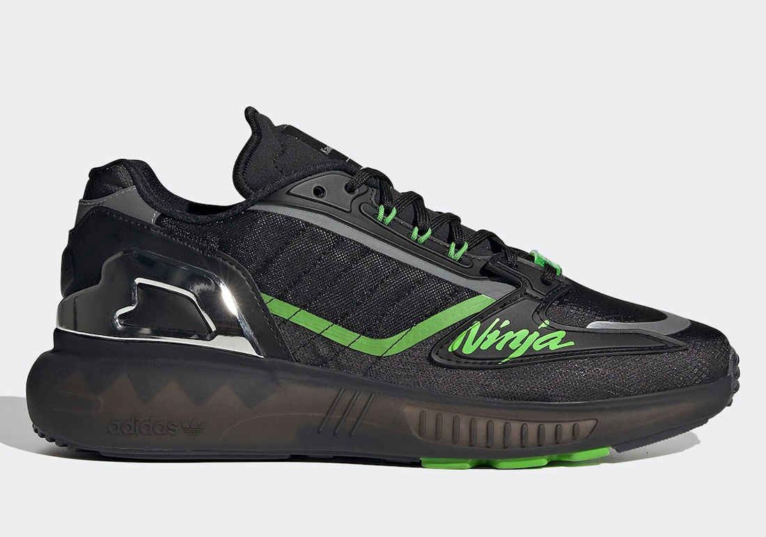 The Kawasaki X Adidas ZX 5K Boost shoes from the Ninja Collection, side view