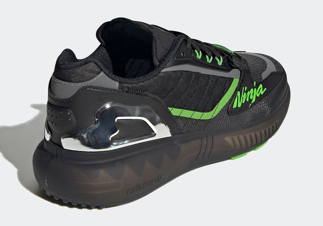 The Kawasaki X Adidas ZX 5K Boost shoes from the Ninja Collection, outside profile