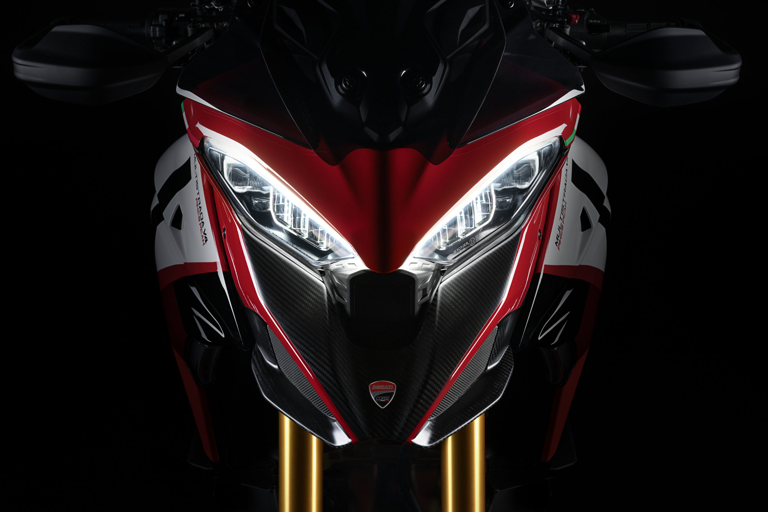 A view of the front of the new Multistrada V4 Pikes Peak from Ducati - the third motorcycle to be debuted in their World Premiere series