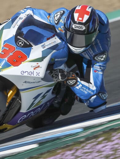 A view of racers in the 2020 MotoE series run by MotoGP and Dorna Sports