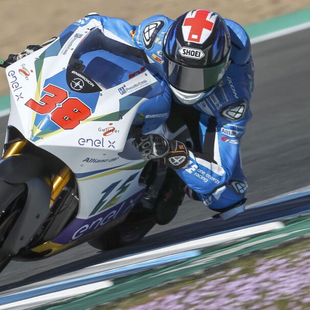 A view of racers in the 2020 MotoE series run by MotoGP and Dorna Sports