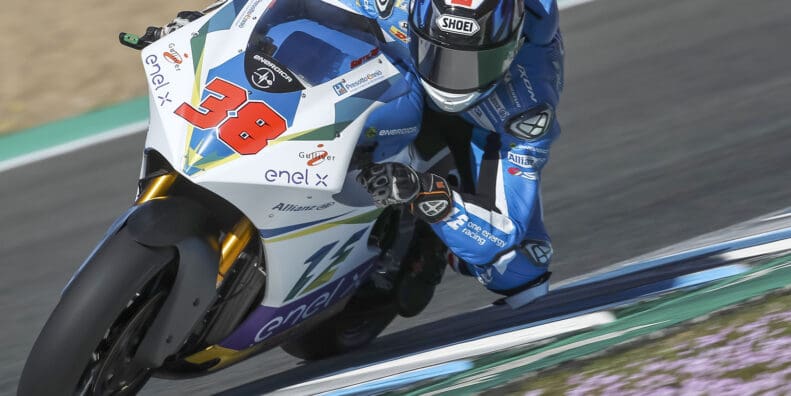 A view of racers in the 2020 MotoE series run by MotoGP and Dorna Sports