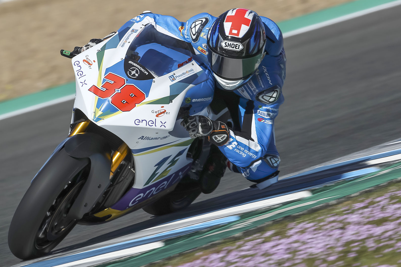 A view of racers in the 2020 MotoE series run by MotoGP and Dorna Sports