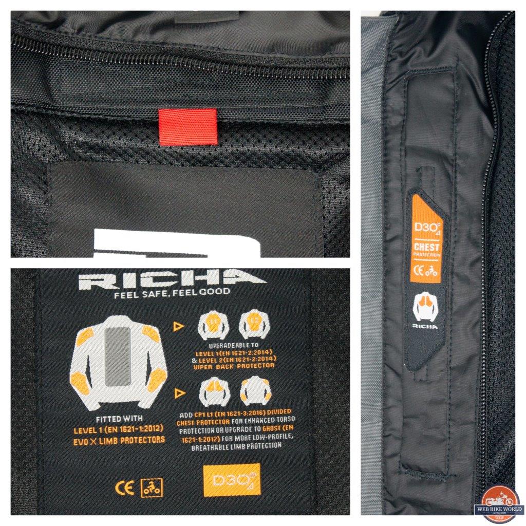 Label showing protection in the Richa Airstorm WP Jacket