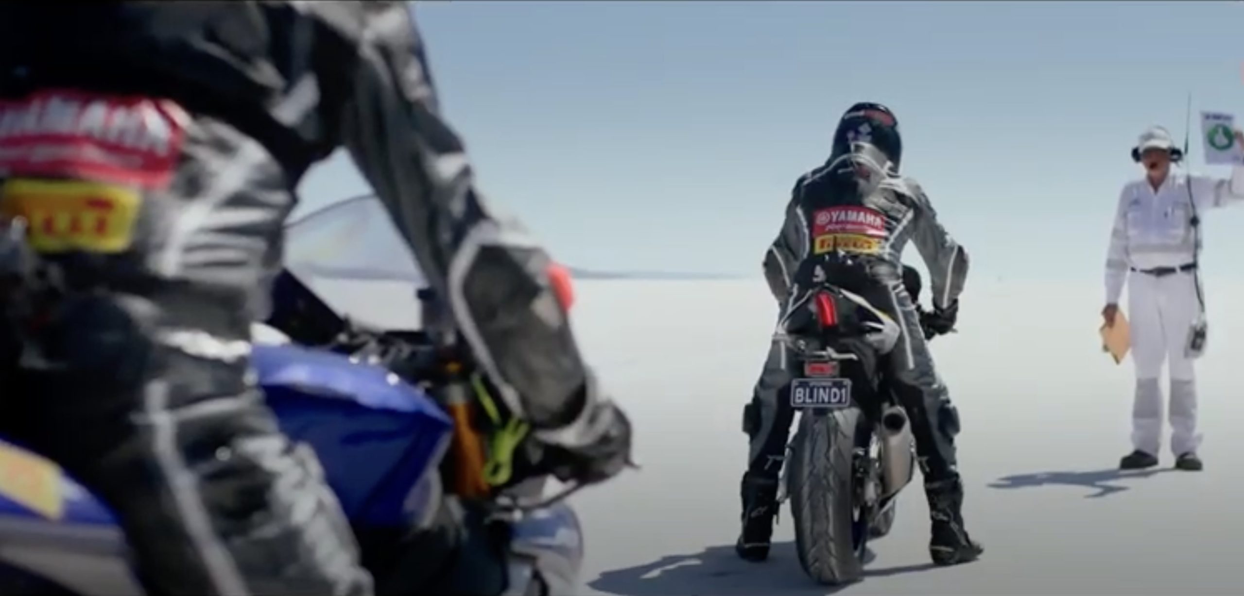 Ben Felton and former Grand Prix champion Kevin Magee about to cross the salt flats in pursuit of the world's fastest blind motorcyclist