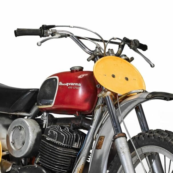 A top side view of the iconic 1971 Husqvarna 400 Cross, used by Steve McQueen in the movie hit, "On Any Sunday"