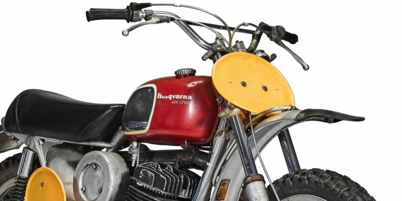 A top side view of the iconic 1971 Husqvarna 400 Cross, used by Steve McQueen in the movie hit, "On Any Sunday"