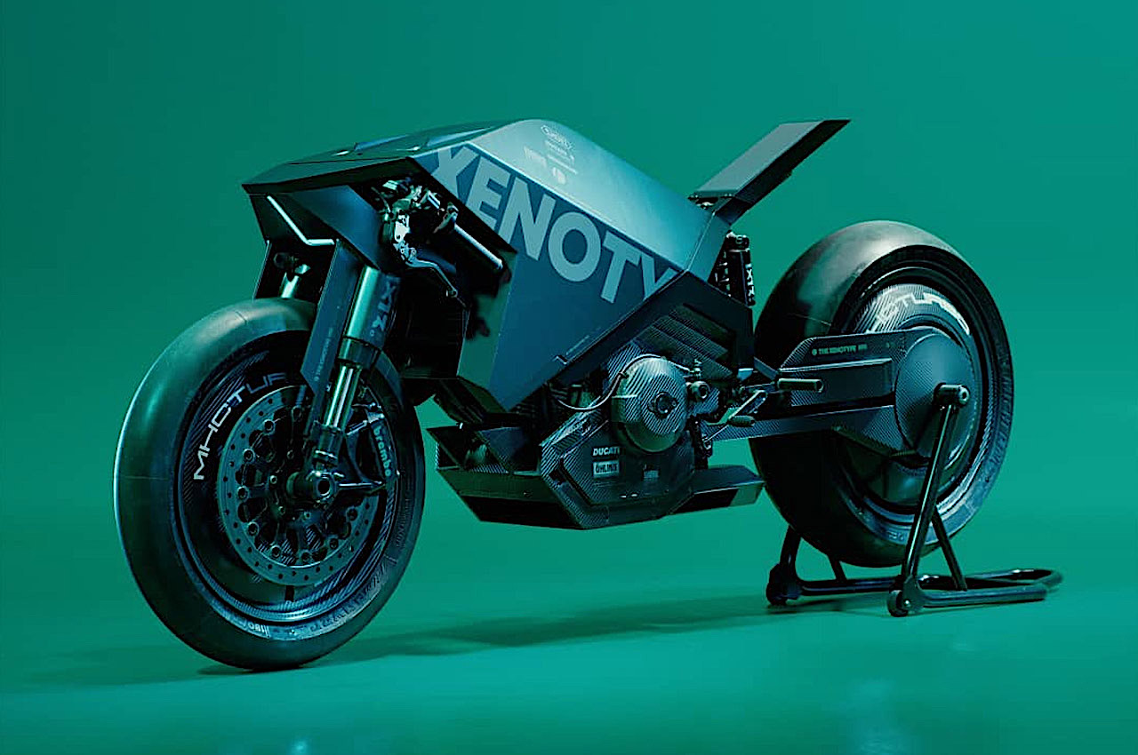 A front quarter view of the Xenotype - a motorcycle concept born from the studios of Colorsponge and Ash Thorp