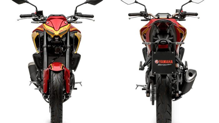 A front and rear view of the new Iron Man-themed MT-03 from Yamaha Brazil