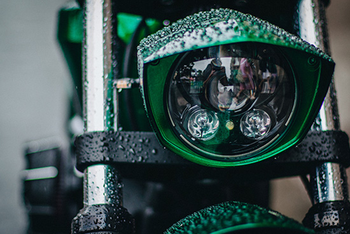 A view of the headlight on the Harley-Davidson Vinci custom project from Russian custom shop Box39