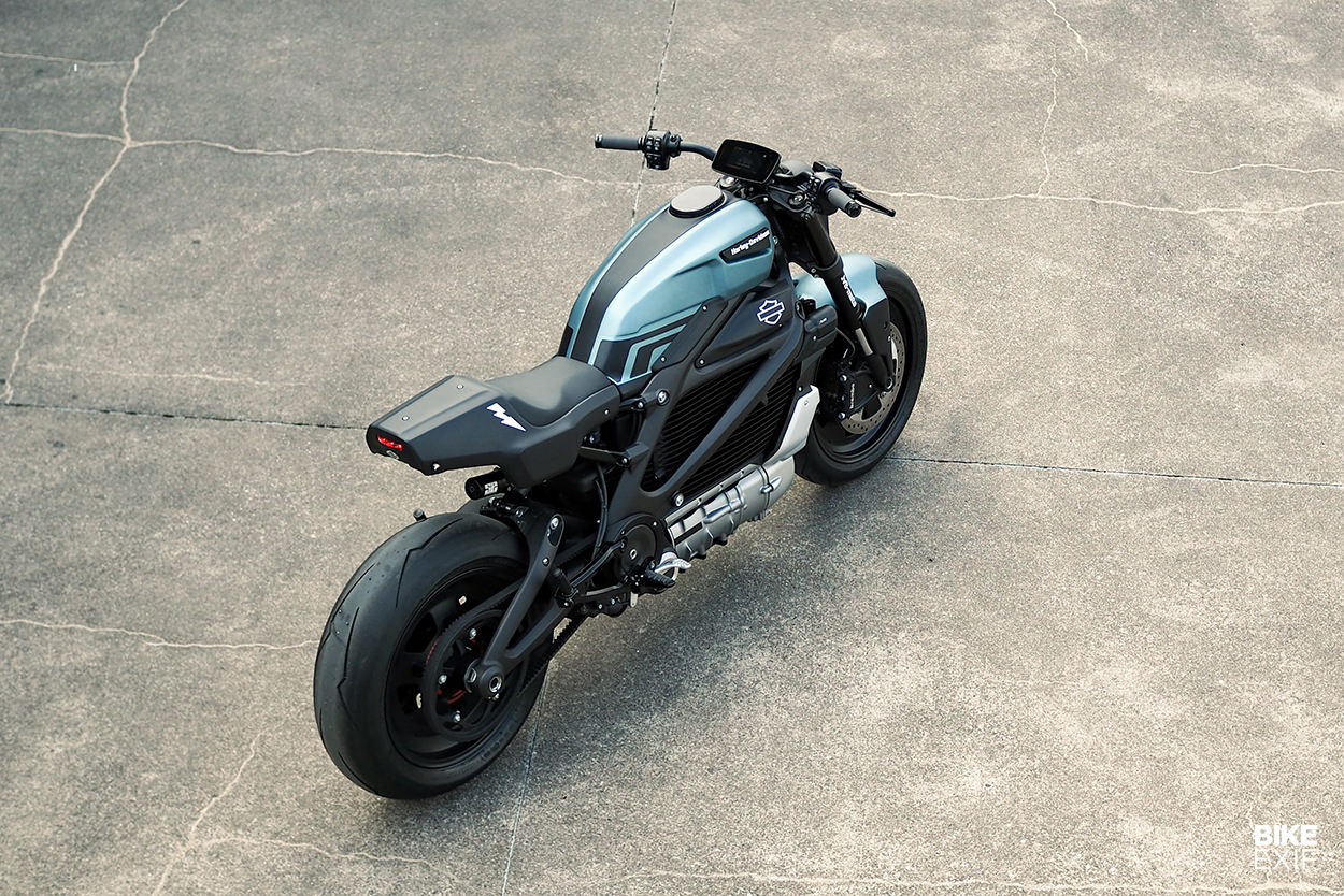 A view from above of Harley Davidson's first custom LiveWire One electric motorcycle, created by JVB-Moto