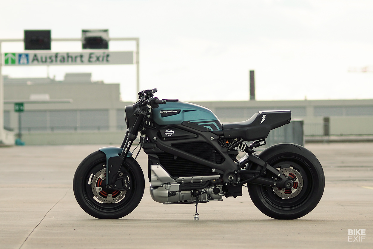 A side view of Harley Davidson's first custom LiveWire One electric motorcycle, created by JVB-Moto