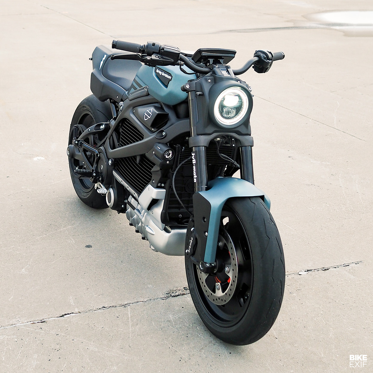 A front quarter view of Harley Davidson's first custom LiveWire One electric motorcycle, created by JVB-Moto