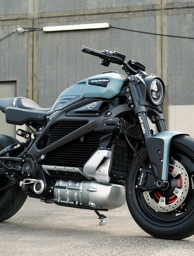 A dynamic side view of Harley Davidson's first custom LiveWire One electric motorcycle, created by JVB-Moto