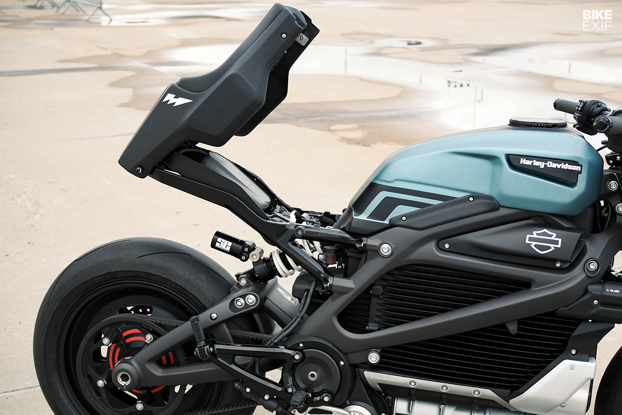 A view of the seat on Harley Davidson's first custom LiveWire One electric motorcycle, created by JVB-Moto