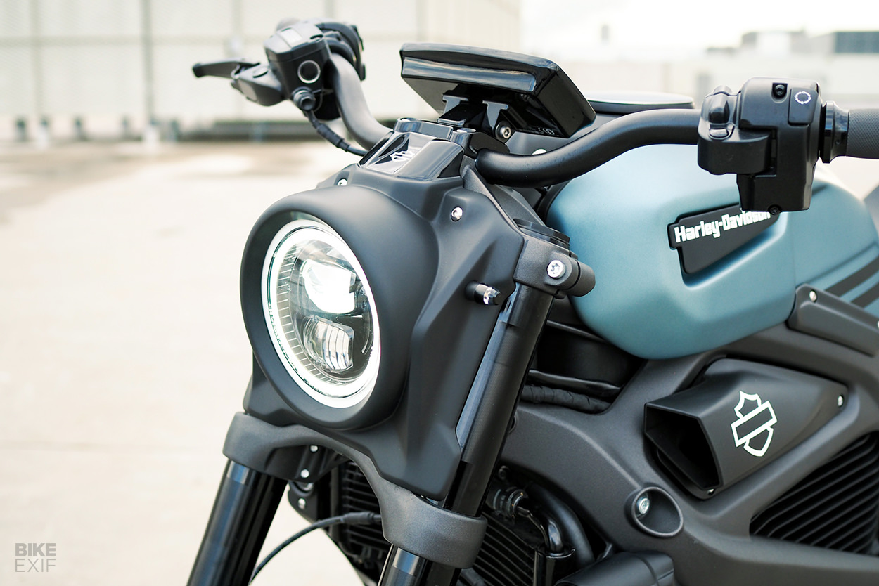 A view of the new headlight and fixing on Harley Davidson's first custom LiveWire One electric motorcycle, created by JVB-Moto