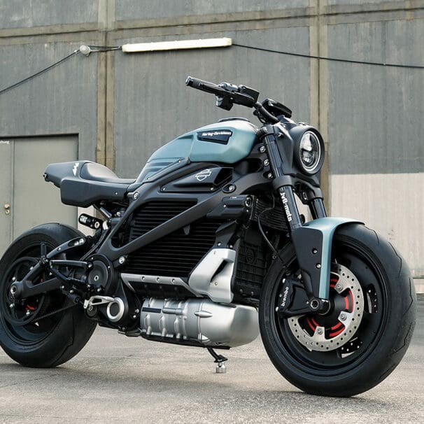 A dynamic side view of Harley Davidson's first custom LiveWire One electric motorcycle, created by JVB-Moto