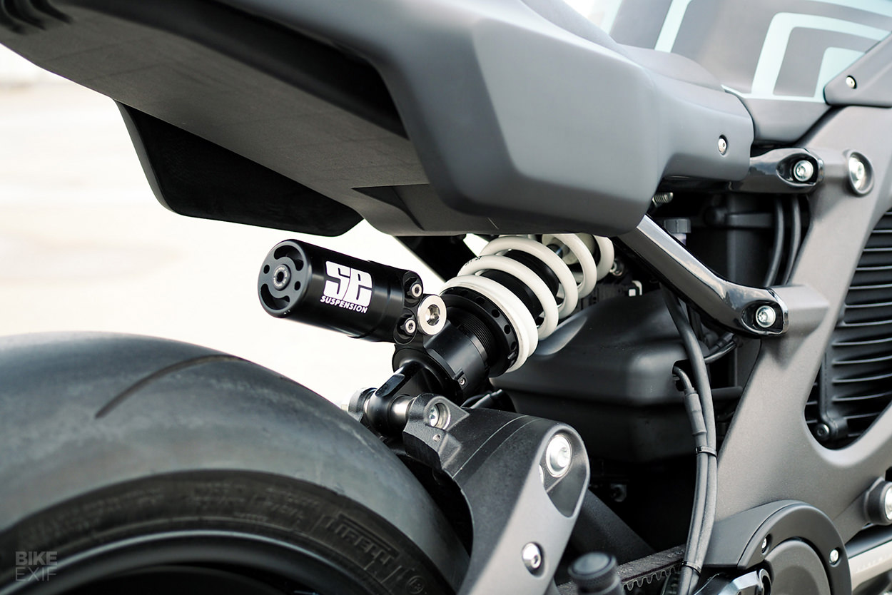 A view of the race-spec shock on Harley Davidson's first custom LiveWire One electric motorcycle, created by JVB-Moto