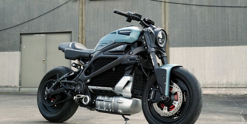 A dynamic side view of Harley Davidson's first custom LiveWire One electric motorcycle, created by JVB-Moto