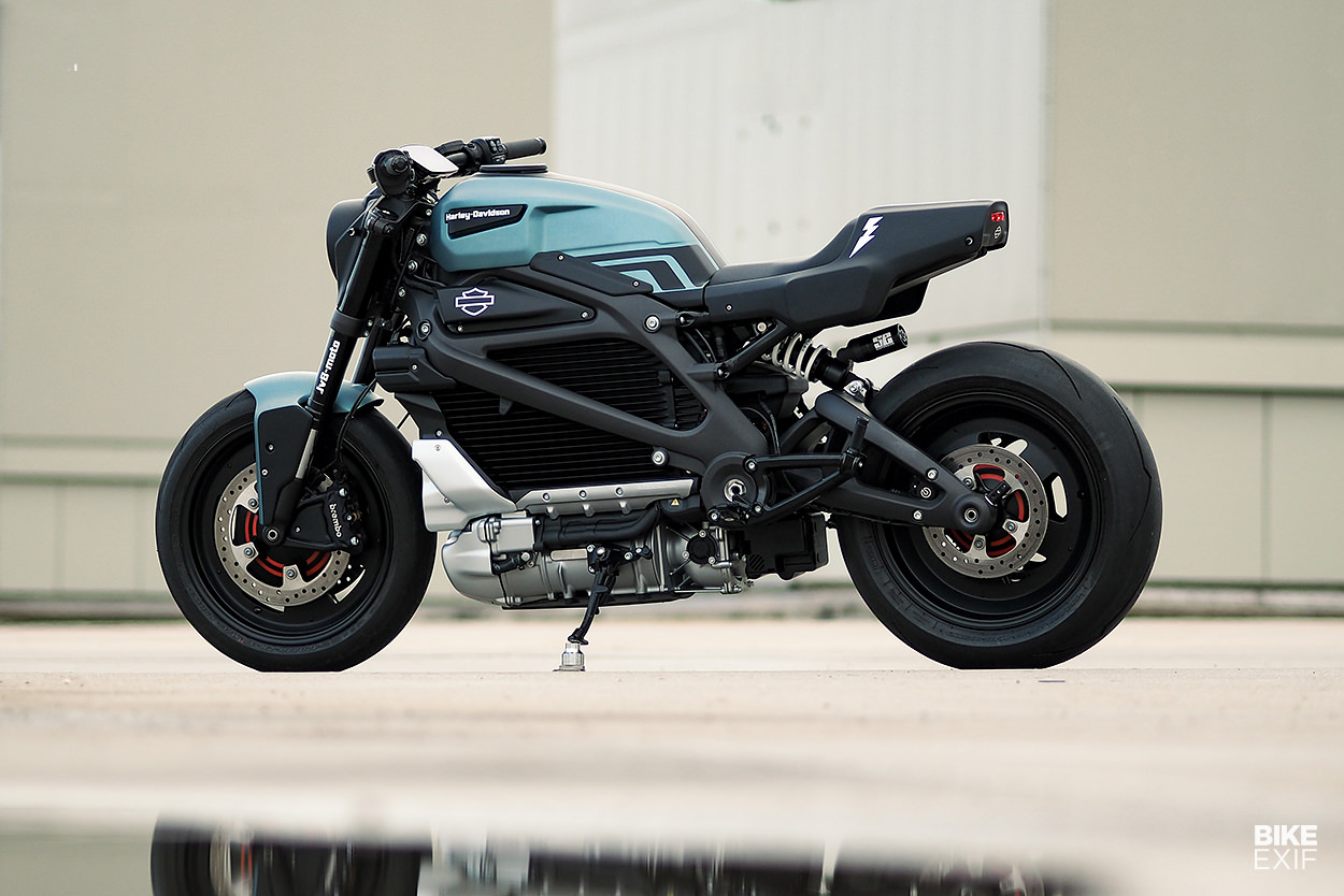 A side view of Harley Davidson's first custom LiveWire One electric motorcycle, created by JVB-Moto