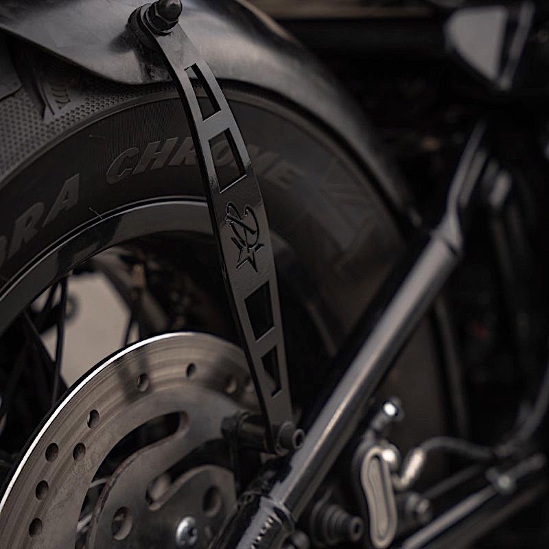 A close-up of the detailing on the blacked out Street Bobber done by D-Star Customs