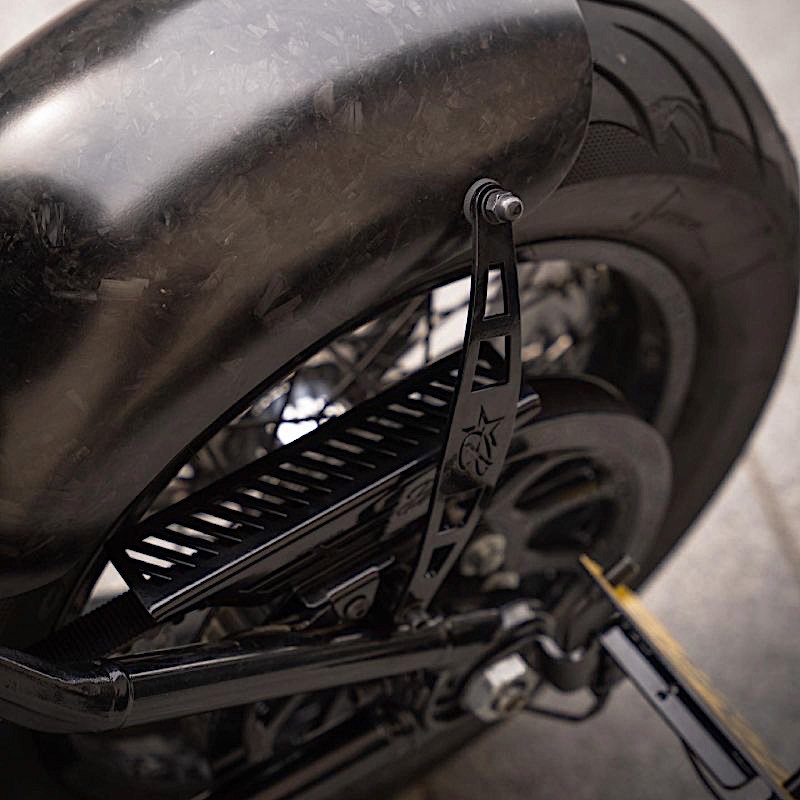 A close-up of the detailing on the blacked out Street Bobber done by D-Star Customs