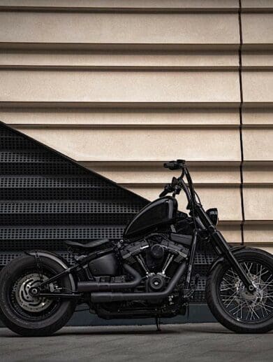 A side view of the blacked out Street Bobber done by D-Star Customs