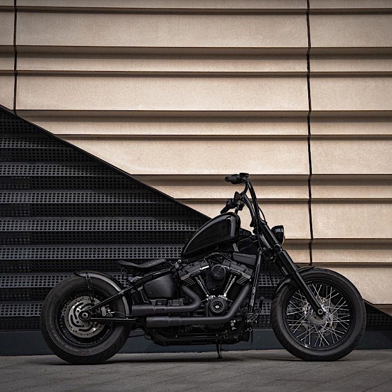 A side view of the blacked out Street Bobber done by D-Star Customs