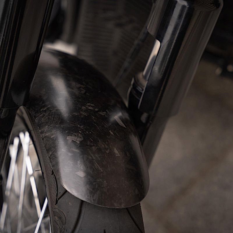 A close-up of the detailing on the blacked out Street Bobber done by D-Star Customs