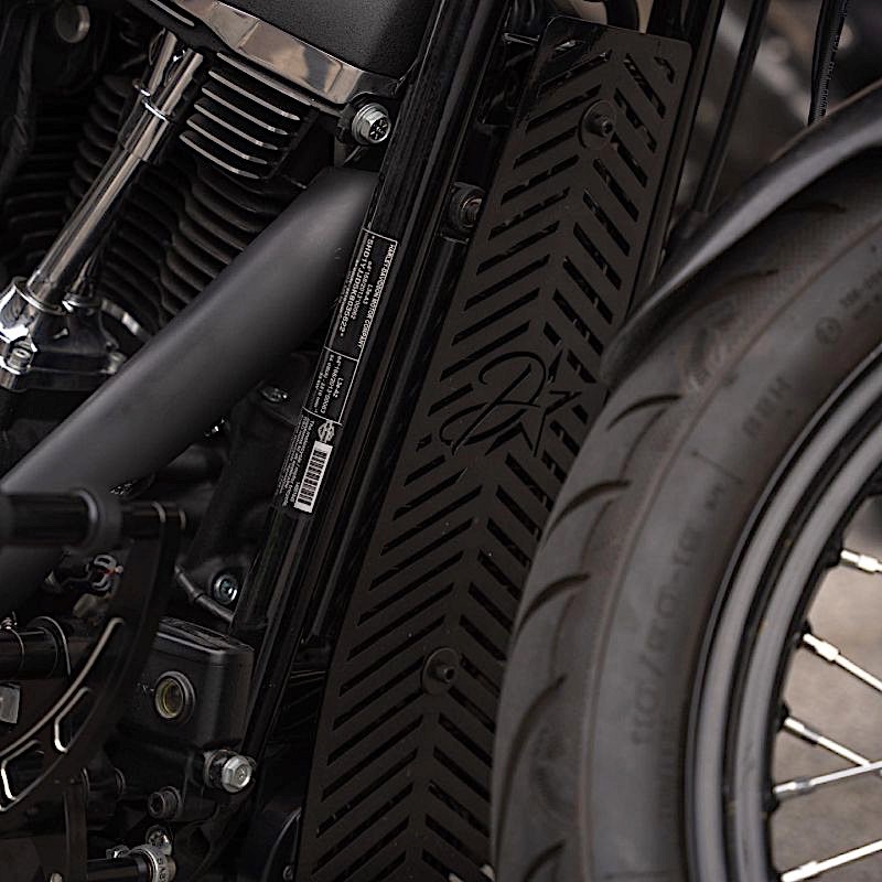 A close-up of the detailing on the blacked out Street Bobber done by D-Star Customs
