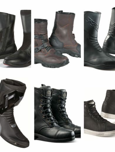 Collage of motorcycle boots on white background
