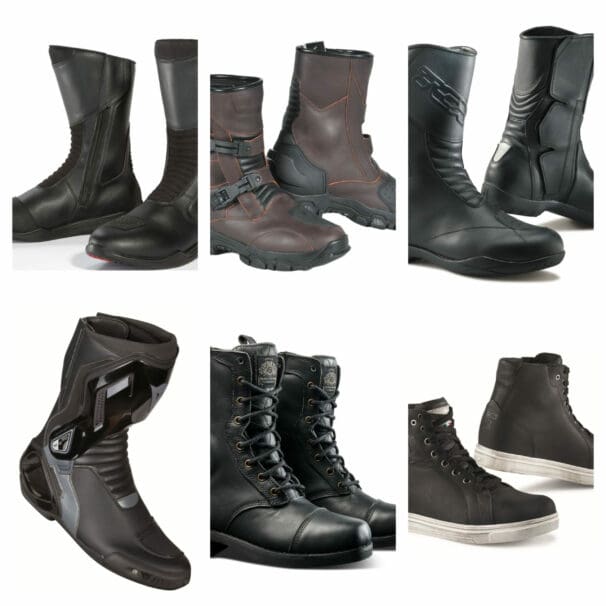 Collage of motorcycle boots on white background