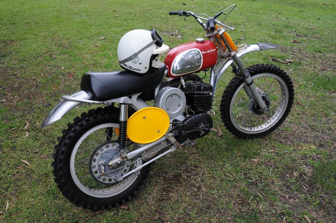 A side view of the iconic 1971 Husqvarna 400 Cross, used by Steve McQueen in the movie hit, "On Any Sunday"